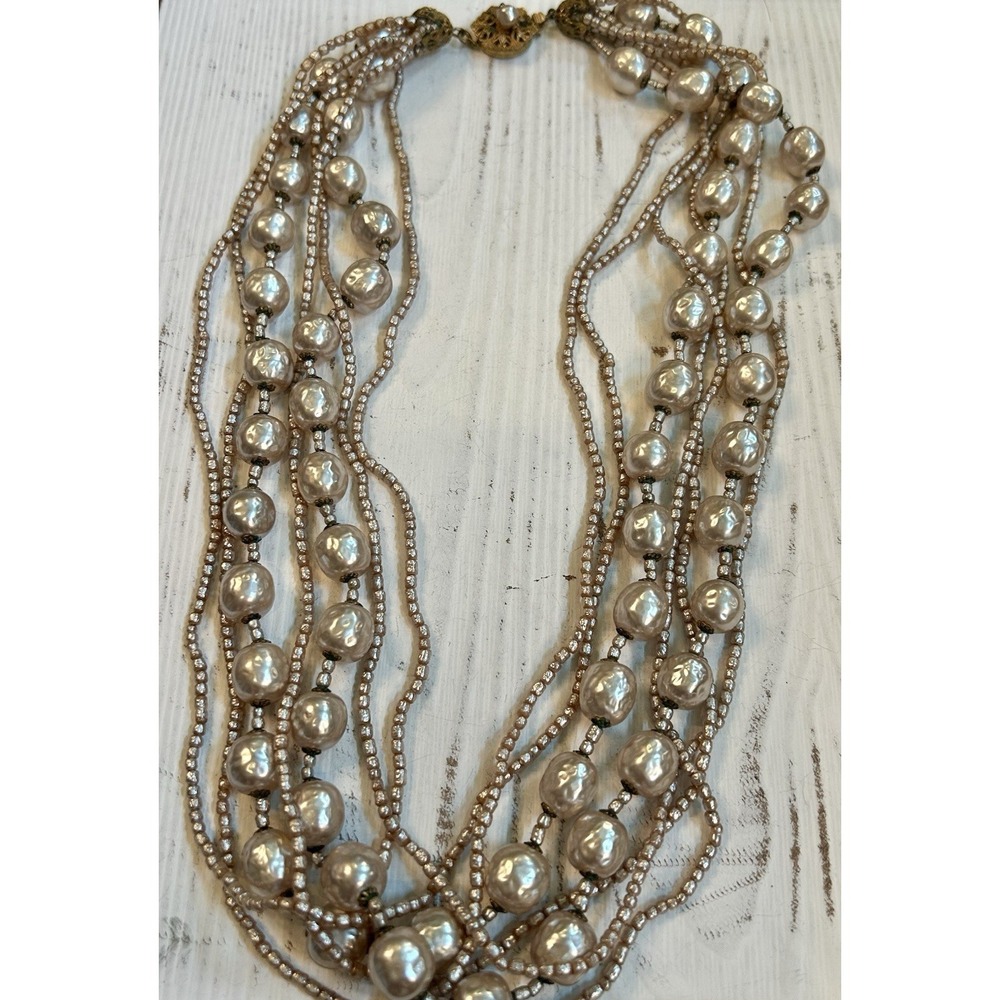 Vintage MIRIAM HASKELL Faux Baroque +Seed Pearl Multi Strand Necklace Signed WOW
